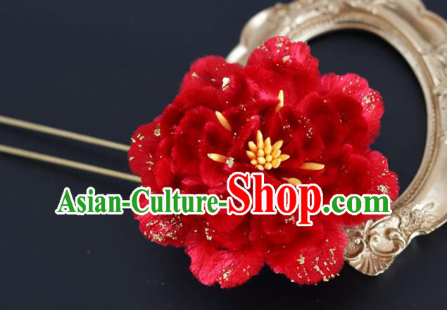 Handmade China Traditional Wedding Hanfu Hair Accessories Ancient Red Velvet Peony Hairpin