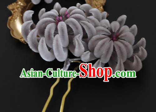 Handmade China Traditional Hanfu Flowers Hair Accessories Ancient Grey Velvet Chrysanthemum Hairpin