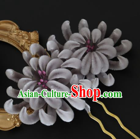 Handmade China Traditional Hanfu Flowers Hair Accessories Ancient Grey Velvet Chrysanthemum Hairpin