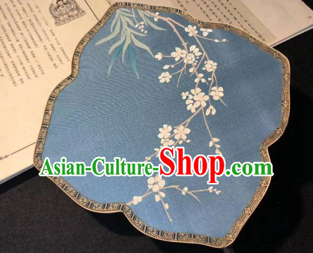 China Traditional Blue Silk Palace Fan Hand Painting Plum Blossom Fan