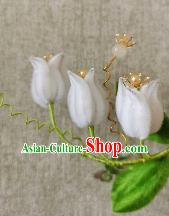 China Classical Hanfu White Velvet Convallaria Hair Stick Traditional Ancient Court Hair Claw
