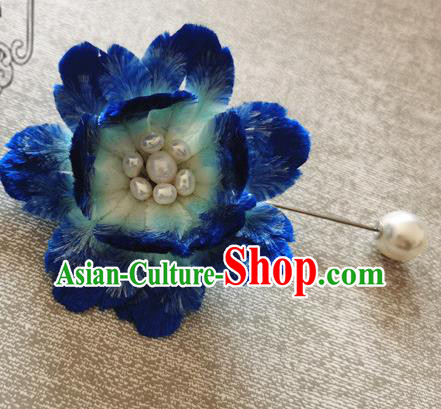 Handmade China Traditional Cheongsam Pearls Accessories Classical Blue Velvet Peony Brooch