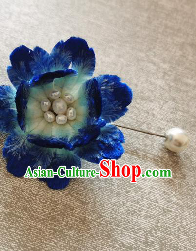 Handmade China Traditional Cheongsam Pearls Accessories Classical Blue Velvet Peony Brooch
