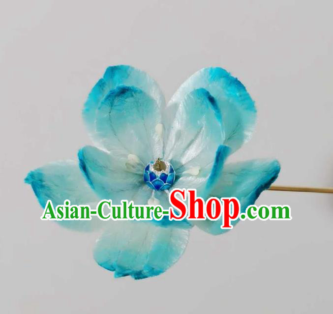China Traditional Ancient Court Cloisonne Lotus Hairpin Classical Hanfu Blue Velvet Hair Stick