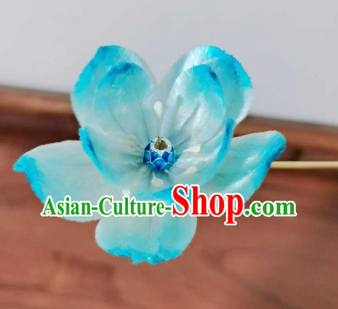 China Traditional Ancient Court Cloisonne Lotus Hairpin Classical Hanfu Blue Velvet Hair Stick