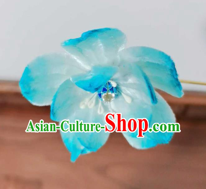China Traditional Ancient Court Cloisonne Lotus Hairpin Classical Hanfu Blue Velvet Hair Stick