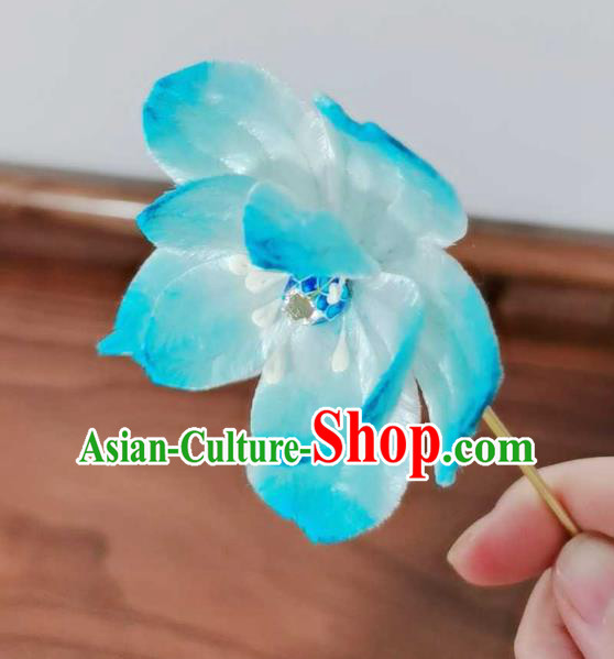 China Traditional Ancient Court Cloisonne Lotus Hairpin Classical Hanfu Blue Velvet Hair Stick
