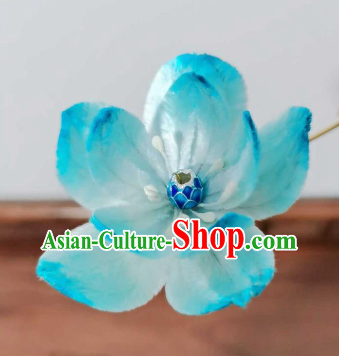 China Traditional Ancient Court Cloisonne Lotus Hairpin Classical Hanfu Blue Velvet Hair Stick