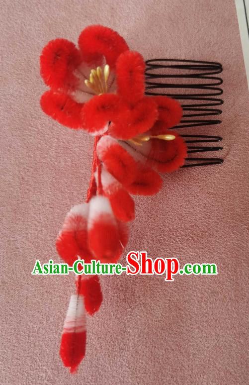 China Classical Hanfu Red Velvet Hair Comb Traditional Ancient Court Plum Blossom Hair Stick