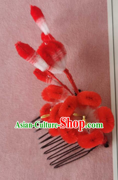 China Classical Hanfu Red Velvet Hair Comb Traditional Ancient Court Plum Blossom Hair Stick