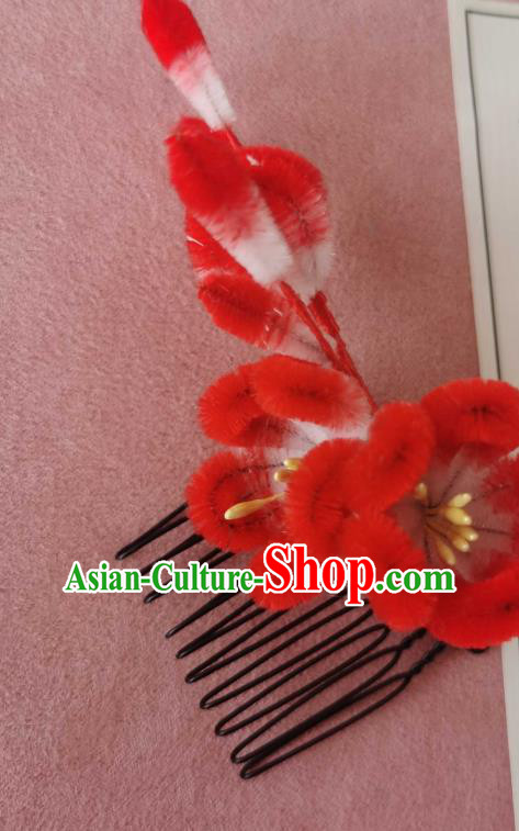 China Classical Hanfu Red Velvet Hair Comb Traditional Ancient Court Plum Blossom Hair Stick