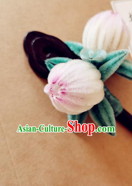 China Classical Hanfu Velvet Peach Hair Stick Traditional Ancient Court Lady Ebony Hairpin