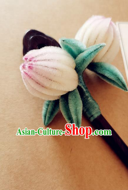 China Classical Hanfu Velvet Peach Hair Stick Traditional Ancient Court Lady Ebony Hairpin