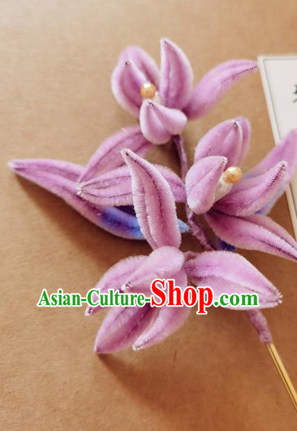 China Classical Hanfu Pearls Hair Stick Traditional Ancient Court Lady Pink Velvet Orchids Hairpin