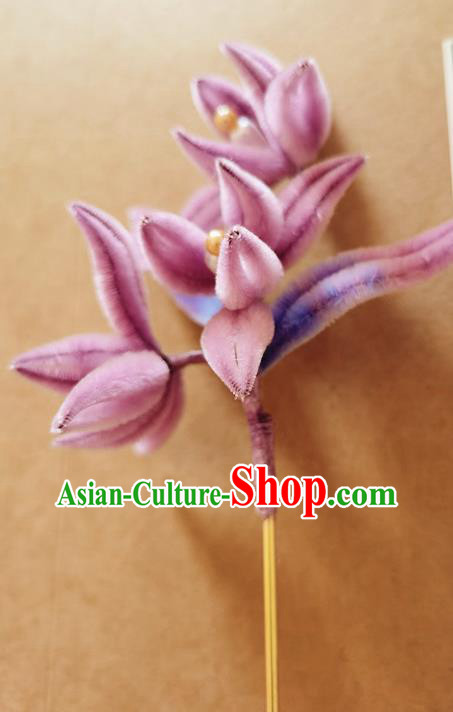 China Classical Hanfu Pearls Hair Stick Traditional Ancient Court Lady Pink Velvet Orchids Hairpin
