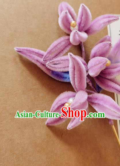 China Classical Hanfu Pearls Hair Stick Traditional Ancient Court Lady Pink Velvet Orchids Hairpin