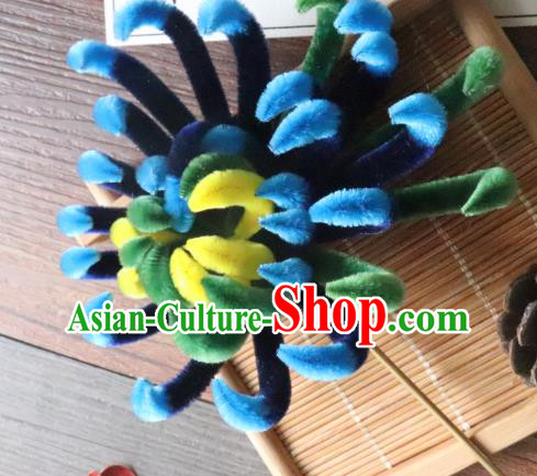 China Classical Hanfu Green Hair Stick Traditional Ancient Court Lady Velvet Chrysanthemum Hairpin