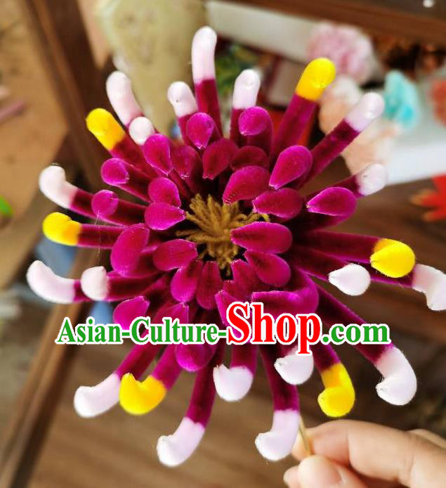 China Classical Hanfu Velvet Hairpin Traditional Ancient Court Lady Purple Chrysanthemum Hair Stick