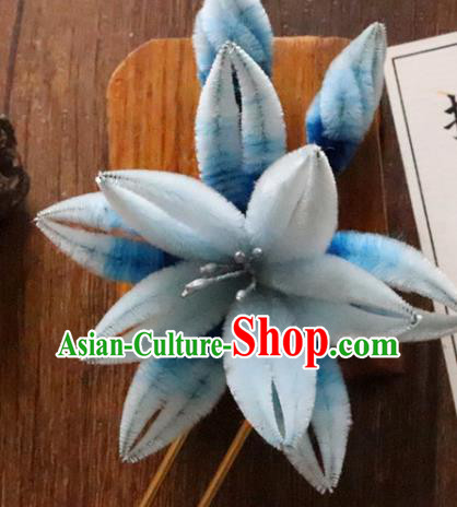 China Classical Hanfu Blue Velvet Hairpin Traditional Ancient Court Lady Orchids Hair Stick