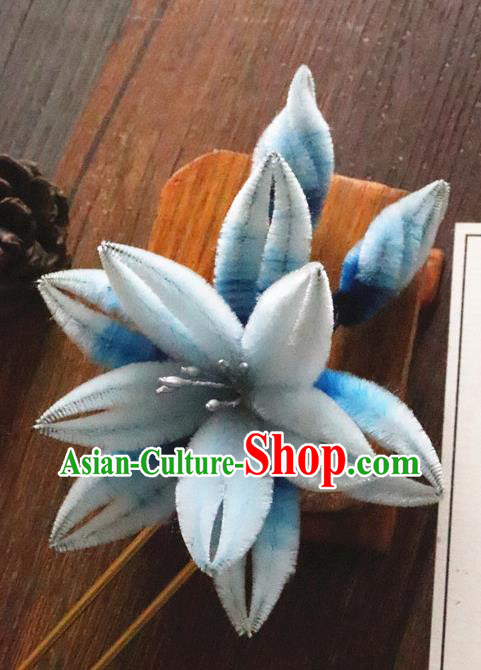 China Classical Hanfu Blue Velvet Hairpin Traditional Ancient Court Lady Orchids Hair Stick