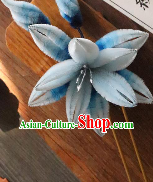 China Classical Hanfu Blue Velvet Hairpin Traditional Ancient Court Lady Orchids Hair Stick
