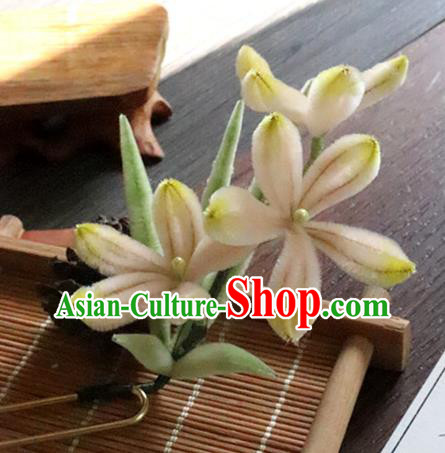 China Classical Hanfu Velvet Orchids Hairpin Traditional Ancient Court Lady Hair Stick