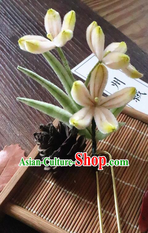 China Classical Hanfu Velvet Orchids Hairpin Traditional Ancient Court Lady Hair Stick