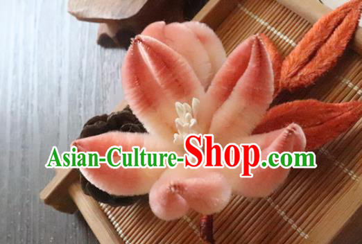 China Traditional Ancient Court Lady Lotus Hair Stick Classical Hanfu Pink Velvet Hairpin