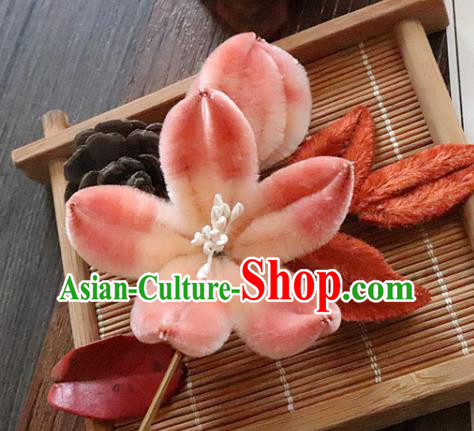 China Traditional Ancient Court Lady Lotus Hair Stick Classical Hanfu Pink Velvet Hairpin
