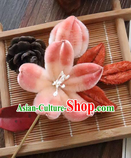China Traditional Ancient Court Lady Lotus Hair Stick Classical Hanfu Pink Velvet Hairpin