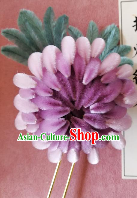 China Traditional Ancient Palace Lady Lilac Velvet Chrysanthemum Hair Stick Classical Hanfu Flowers Hairpin