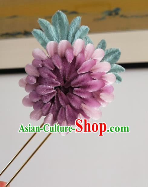 China Traditional Ancient Palace Lady Lilac Velvet Chrysanthemum Hair Stick Classical Hanfu Flowers Hairpin