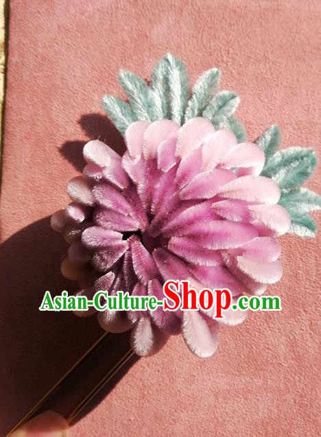 China Traditional Ancient Palace Lady Lilac Velvet Chrysanthemum Hair Stick Classical Hanfu Flowers Hairpin