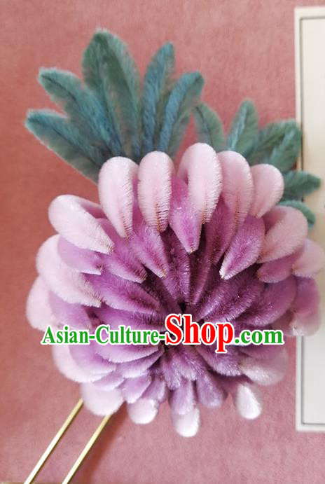 China Traditional Ancient Palace Lady Lilac Velvet Chrysanthemum Hair Stick Classical Hanfu Flowers Hairpin