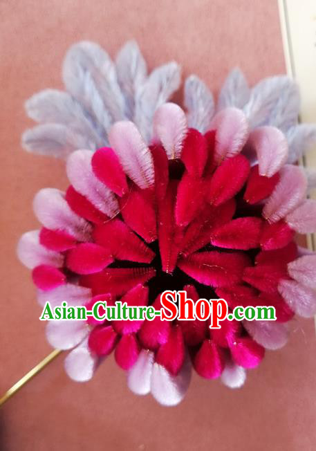 China Traditional Ancient Palace Lady Flowers Hairpin Classical Hanfu Rosy Velvet Chrysanthemum Hair Stick