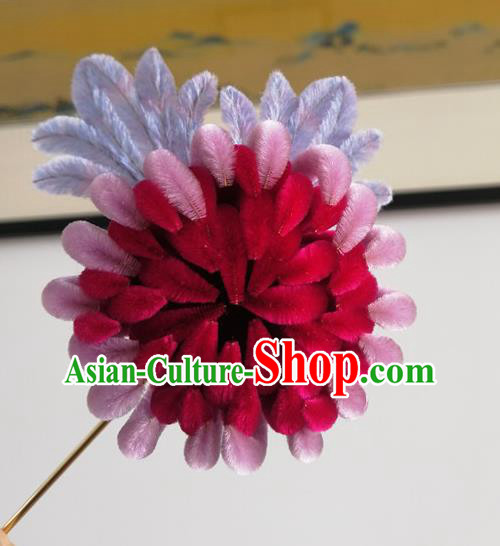 China Traditional Ancient Palace Lady Flowers Hairpin Classical Hanfu Rosy Velvet Chrysanthemum Hair Stick