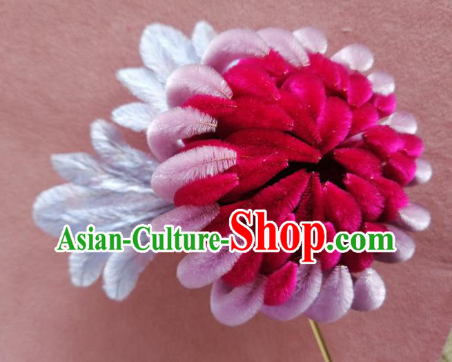 China Traditional Ancient Palace Lady Flowers Hairpin Classical Hanfu Rosy Velvet Chrysanthemum Hair Stick