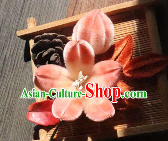 China Traditional Ancient Court Lady Lotus Hair Stick Classical Hanfu Pink Velvet Hairpin