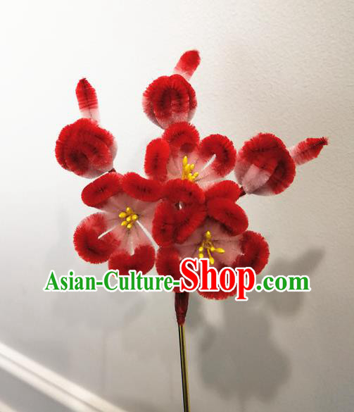 China Traditional Ancient Princess Flowers Hair Stick Classical Hanfu Red Velvet Plum Blossom Hairpin
