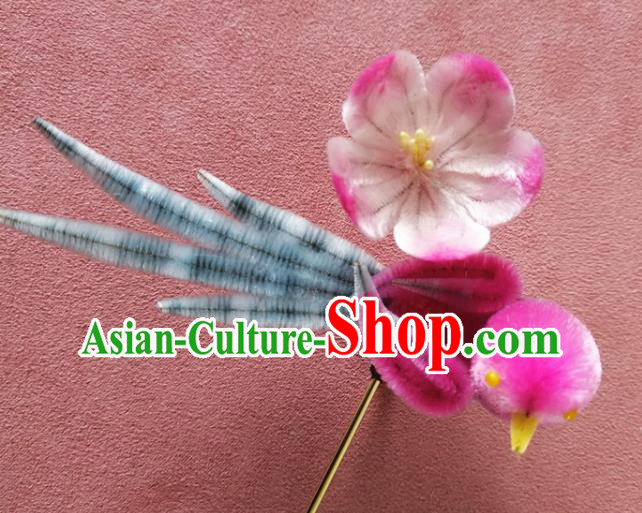 China Traditional Ancient Princess Velvet Hair Stick Classical Hanfu Rosy Magpie Plum HairpinChina Traditional Ancient Princess Velvet Hair Stick Classical Hanfu Rosy Magpie Plum Hairpin