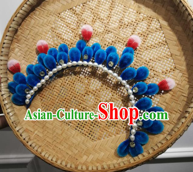China Traditional Ancient Princess Pearls Hair Crown Classical Hanfu Royalblue Velvet Hairpin