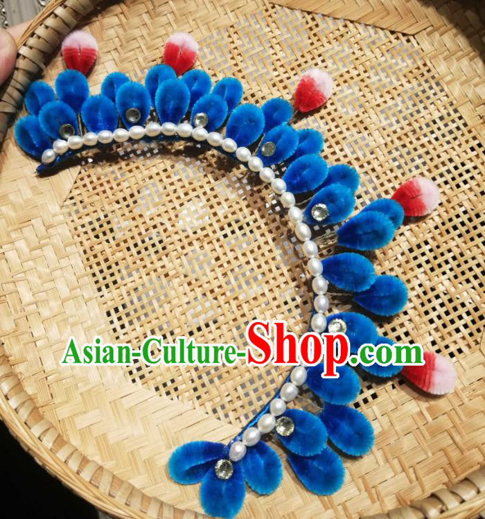 China Traditional Ancient Princess Pearls Hair Crown Classical Hanfu Royalblue Velvet Hairpin