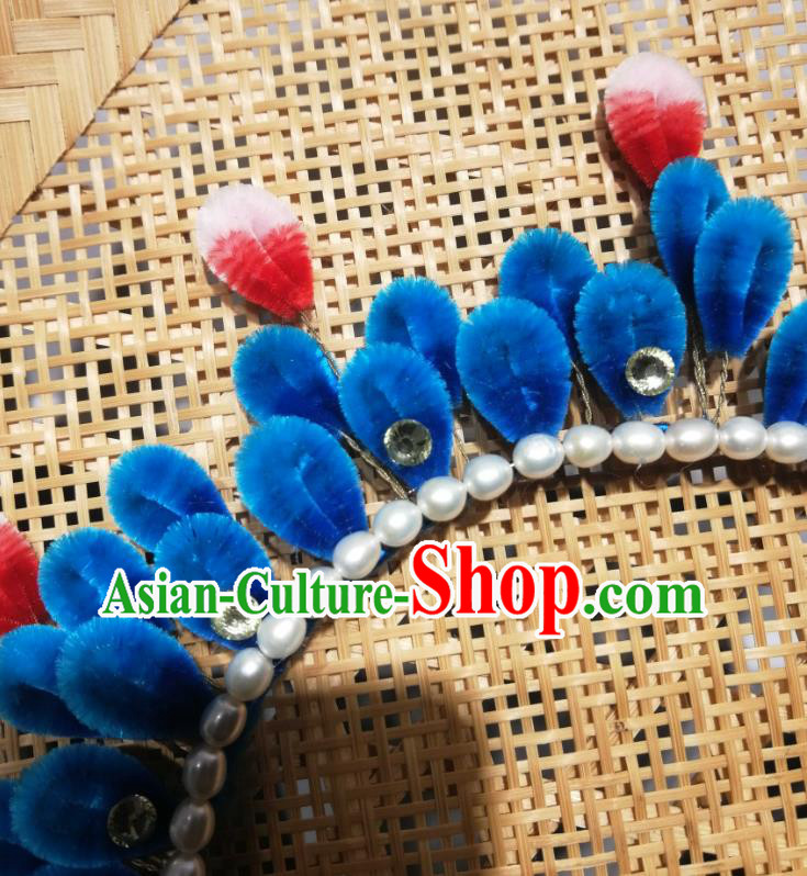 China Traditional Ancient Princess Pearls Hair Crown Classical Hanfu Royalblue Velvet Hairpin
