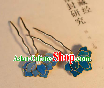 China Traditional Ancient Qing Dynasty Pearl Hair Stick Classical Hanfu Blueing Peony Hairpin