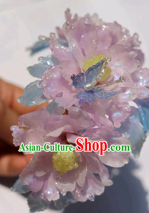 China Classical Hanfu Hairpin Traditional Ancient Princess Pink Peony Hair Crown