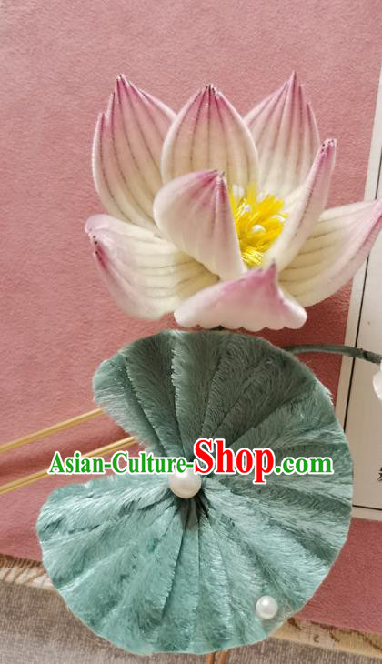 China Handmade Pink Velvet Lotus Hair Stick Traditional Hanfu Hair Accessories Classical Hairpin