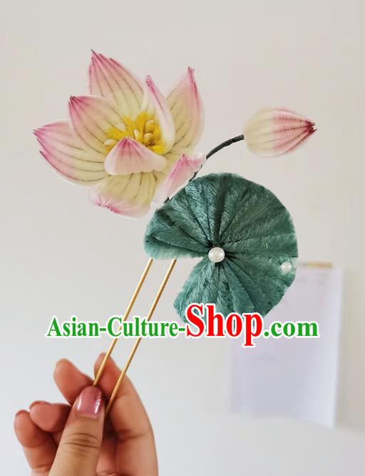 China Handmade Pink Velvet Lotus Hair Stick Traditional Hanfu Hair Accessories Classical Hairpin