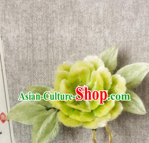 Handmade China Ancient Flower Hairpin Traditional Hanfu Hair Accessories Green Velvet Peony Hair Stick