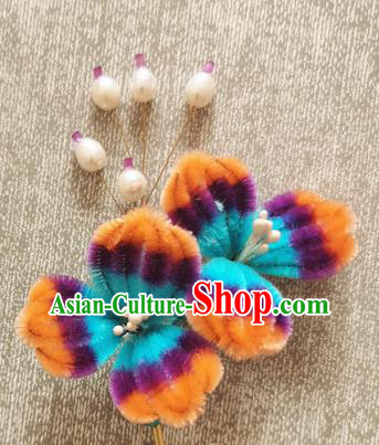 China Pearls Hair Stick Handmade Hair Accessories Traditional Velvet Flowers Hairpin