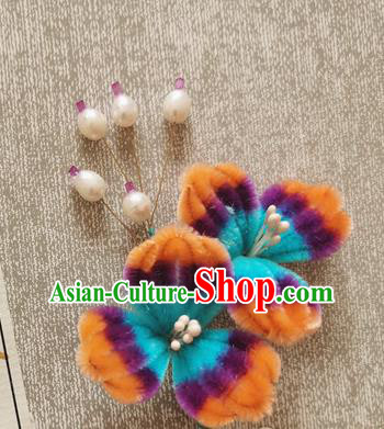 China Pearls Hair Stick Handmade Hair Accessories Traditional Velvet Flowers Hairpin
